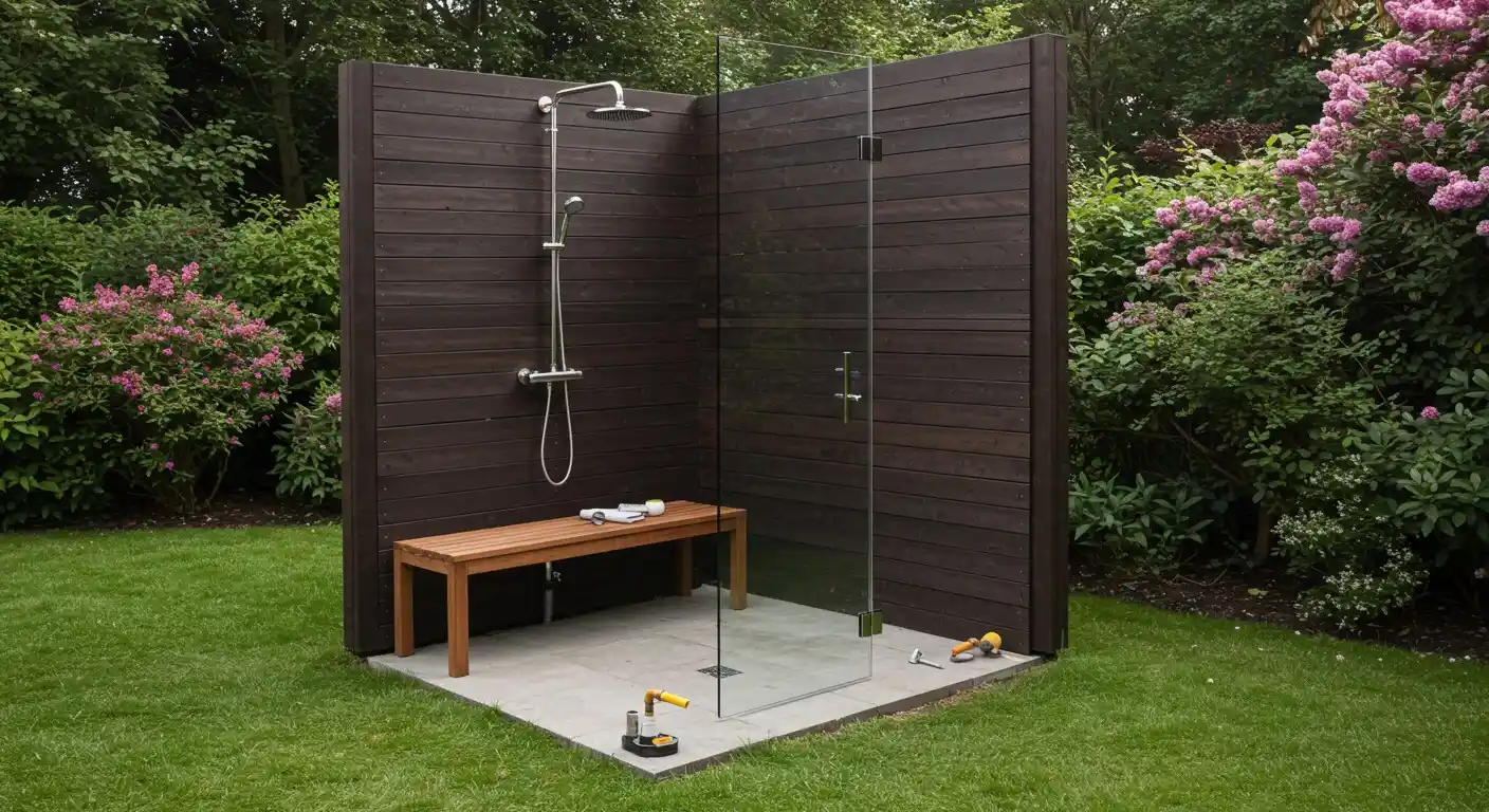 Minimalist outdoor shower with dark wood.