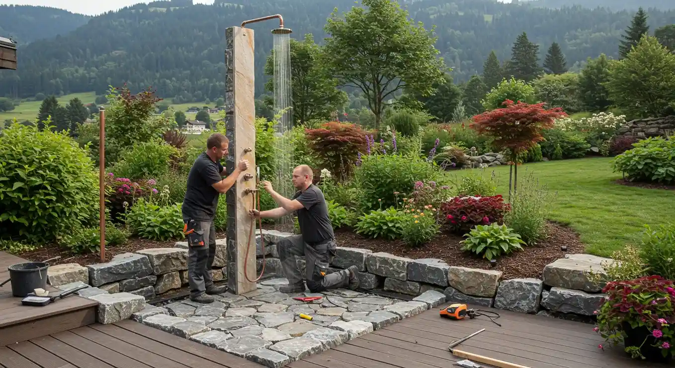 Two men installing outdoor stone shower.