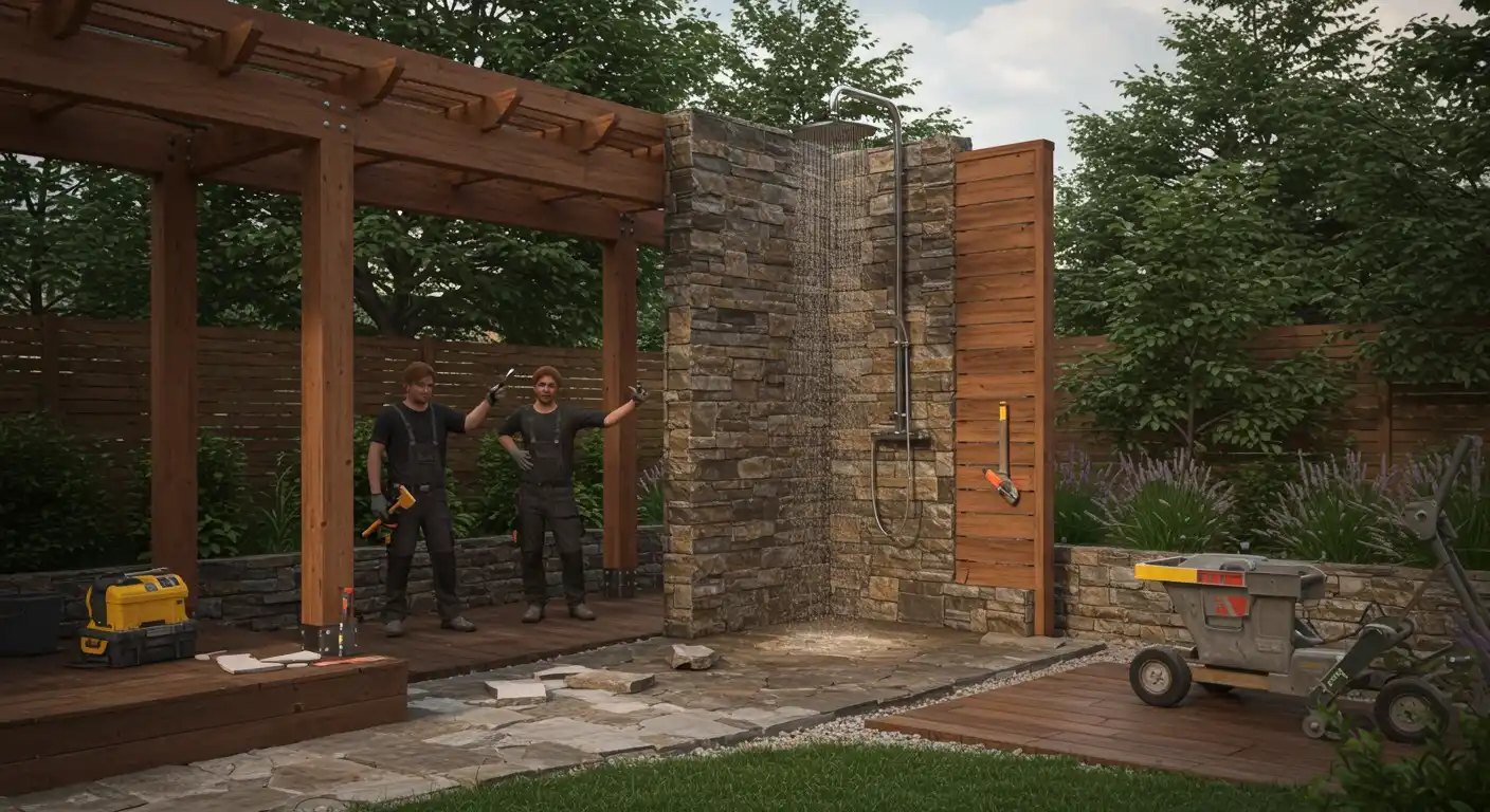 Two workers building outdoor stone shower.