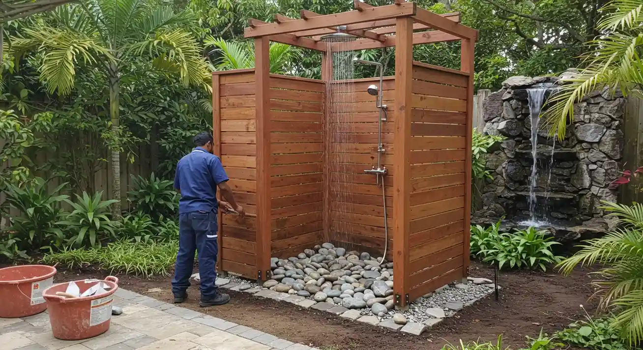 Man installing wood outdoor shower.