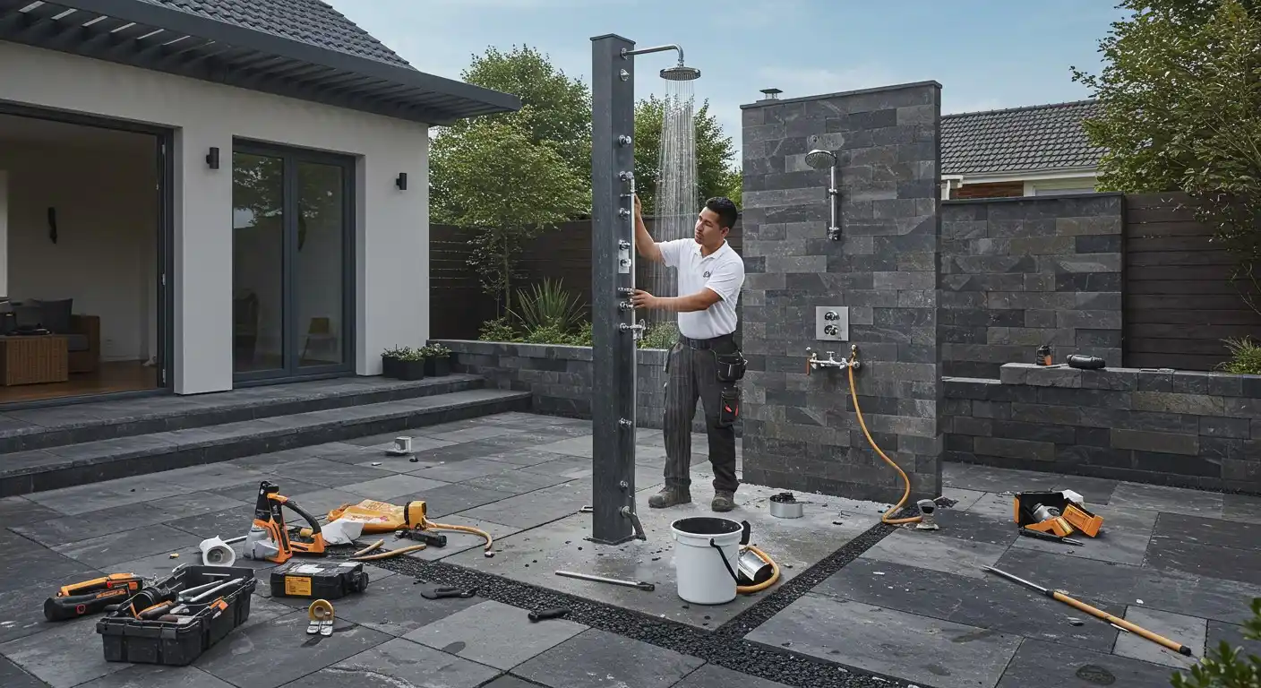 Man installing an outdoor stone shower.