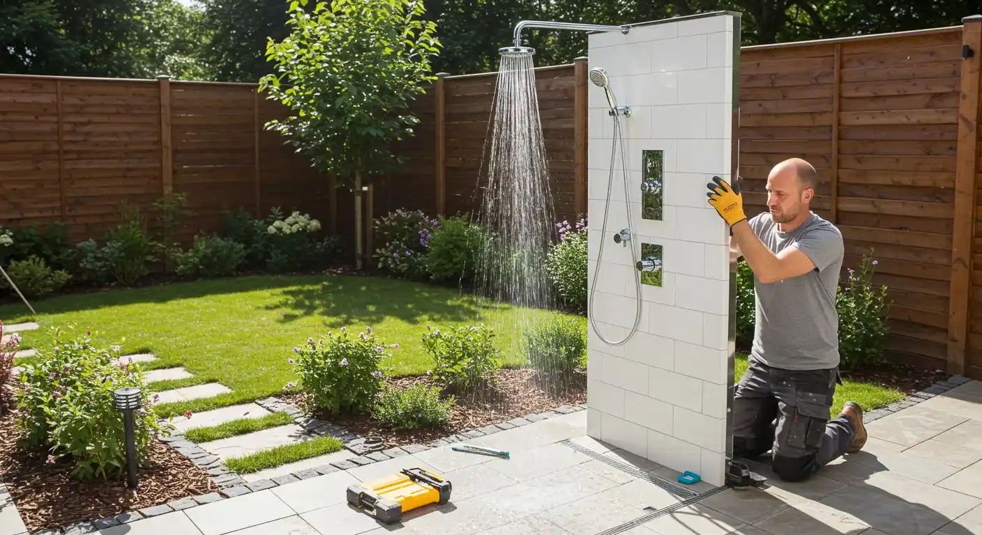 Man installing outdoor tiled shower panel.
