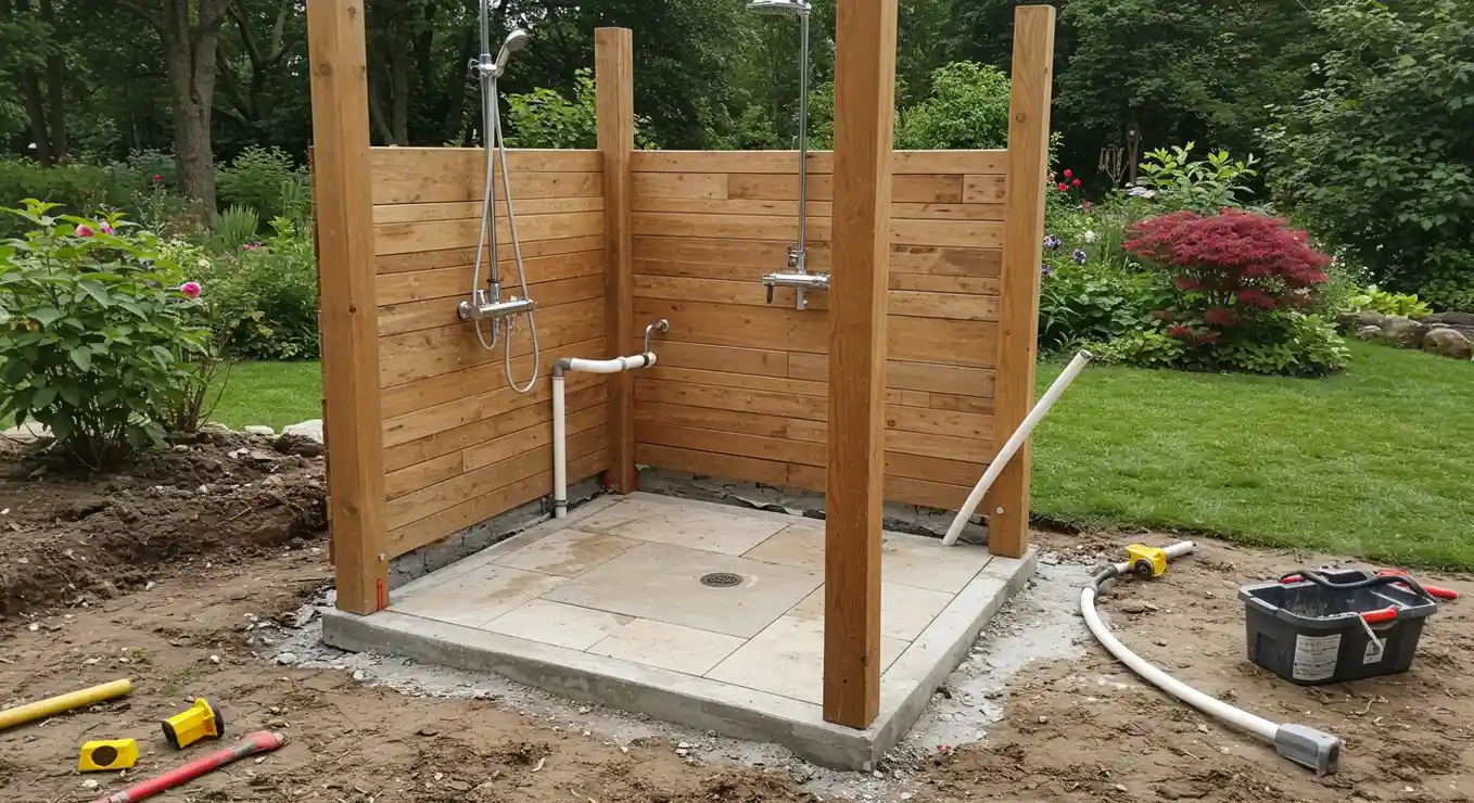 Building an outdoor wooden shower stall.