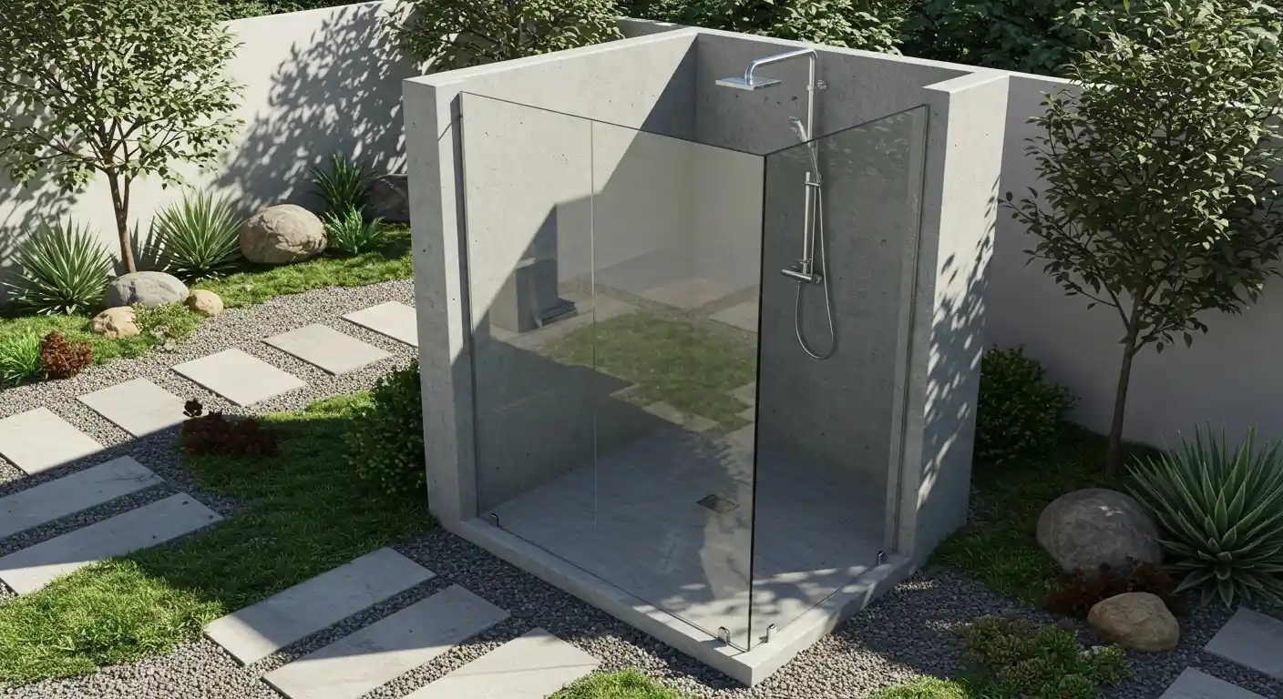 Modern concrete outdoor shower in garden.