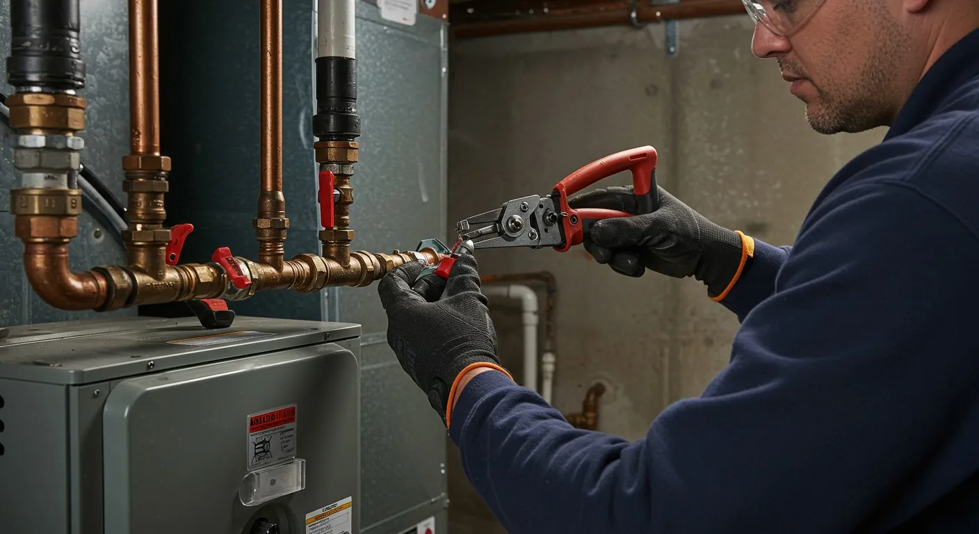 Plumber fixing pipes near a furnace.