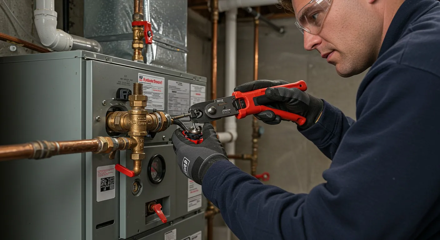 Plumber working on boiler pipes.