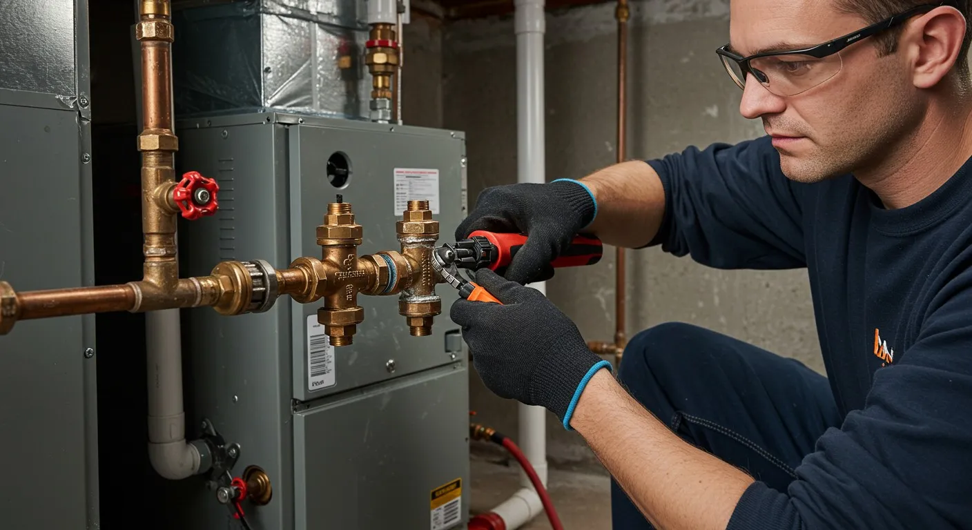 Plumber tightening pipes on boiler.