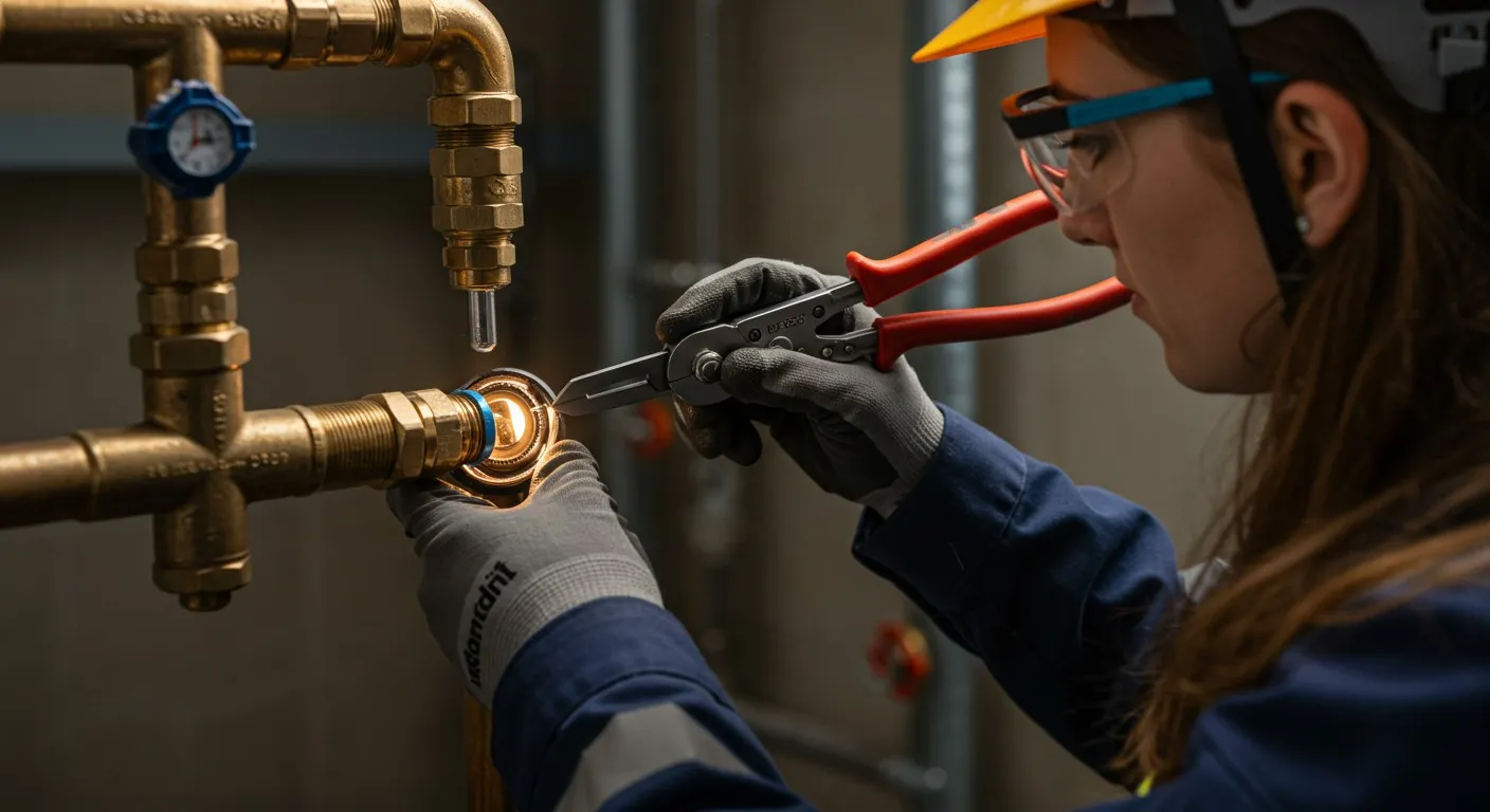 Female plumber fixing a brass pipe.