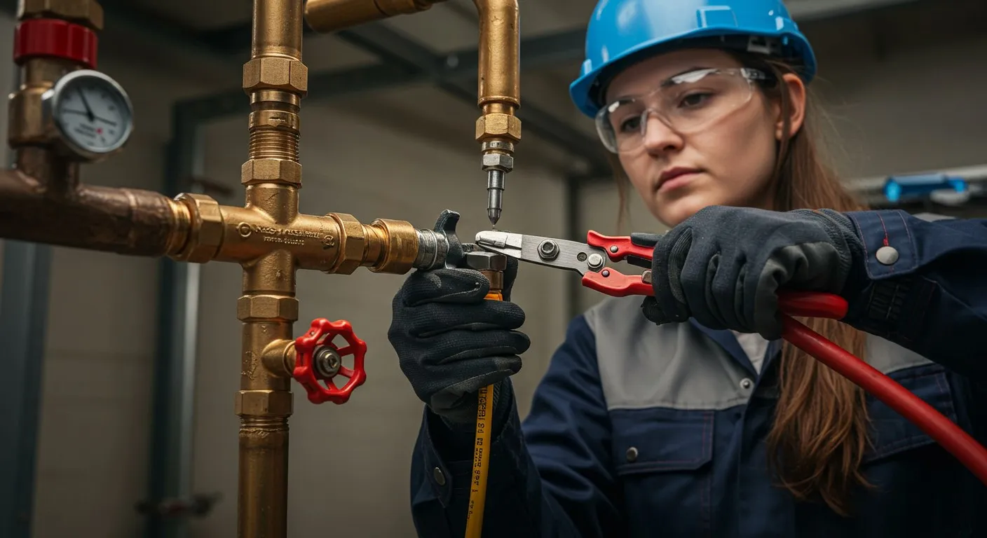 Female plumber fixing brass pipe.