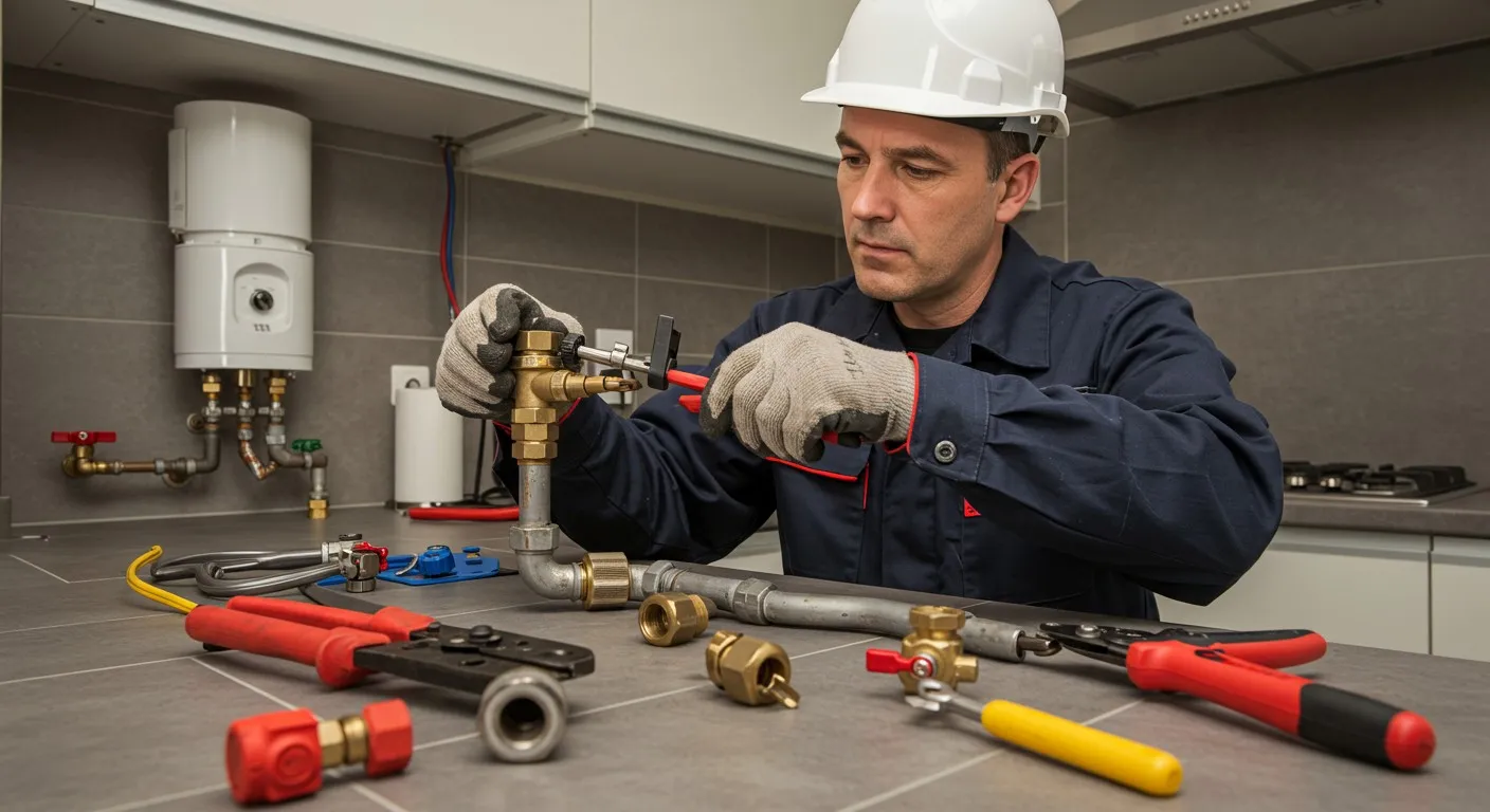 Plumber with tools fixing kitchen pipe.