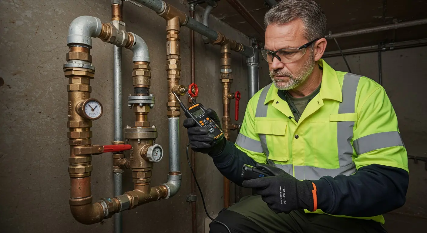 Man in safety gear checking pipes.