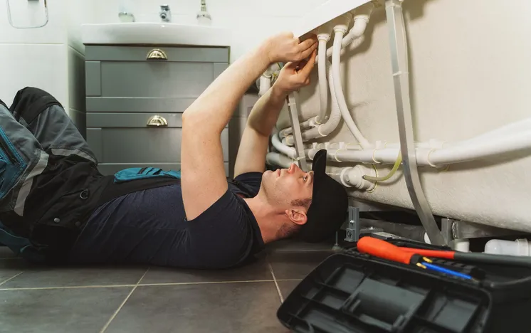 A plumber lies on the floor, reaching under a white bathtub to connect pipes.