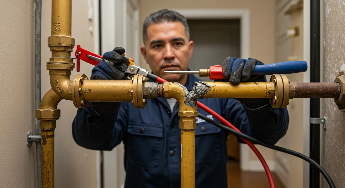 Plumber fixing a corroded pipe.