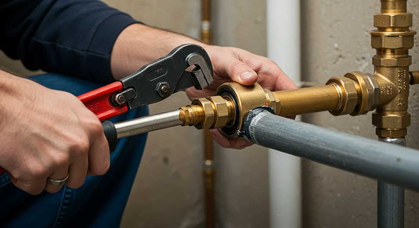 Plumber using wrench on brass pipe.