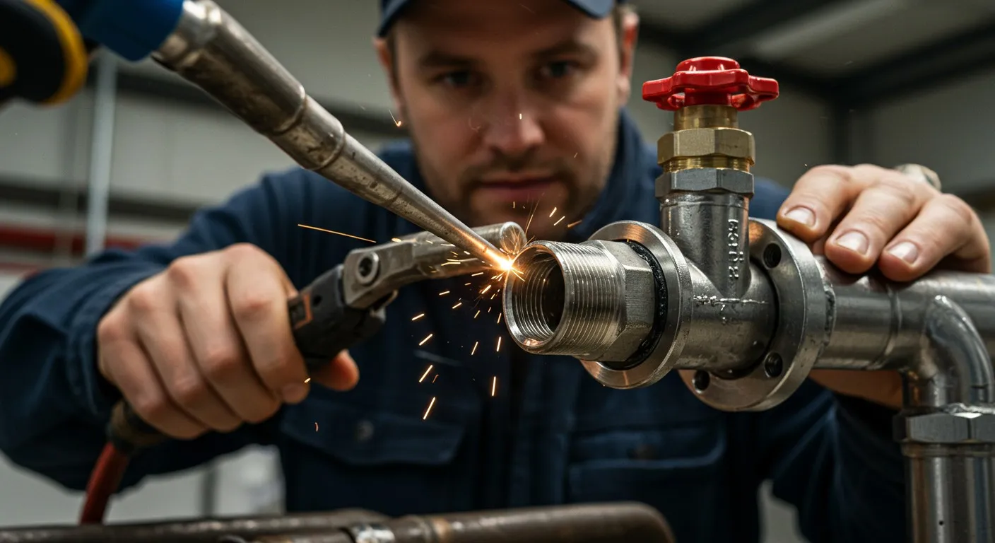 Man welding metal pipe with sparks.