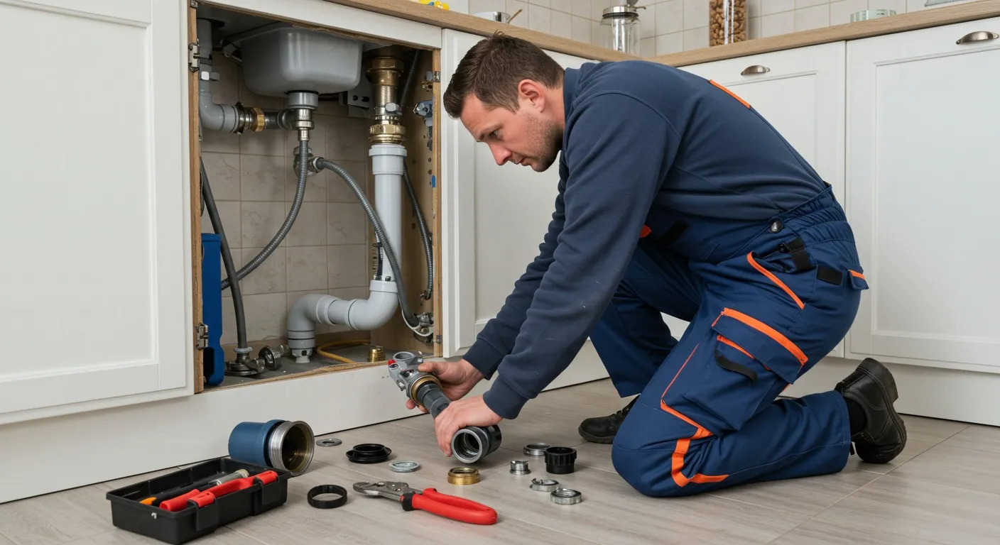 A plumber fixes pipes under a sink.