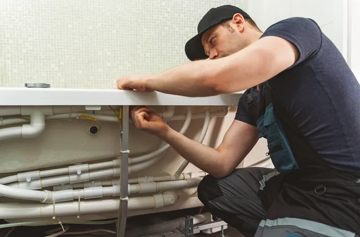A close-up view of a plumber in a black t-shirt and cap, kneeling and working on the intricate piping under a white bathtub.