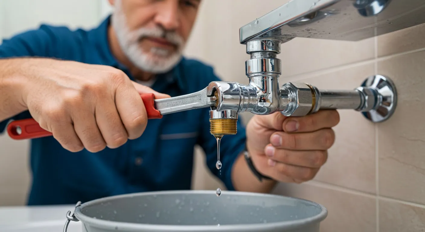 A plumber tightens a leaky pipe.