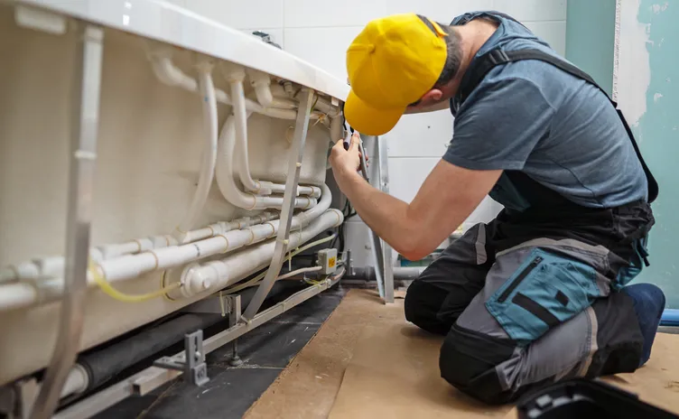 A plumber wearing a yellow cap and overalls kneels on the floor, using a tool to adjust the complex plumbing and frame of a bathtub.