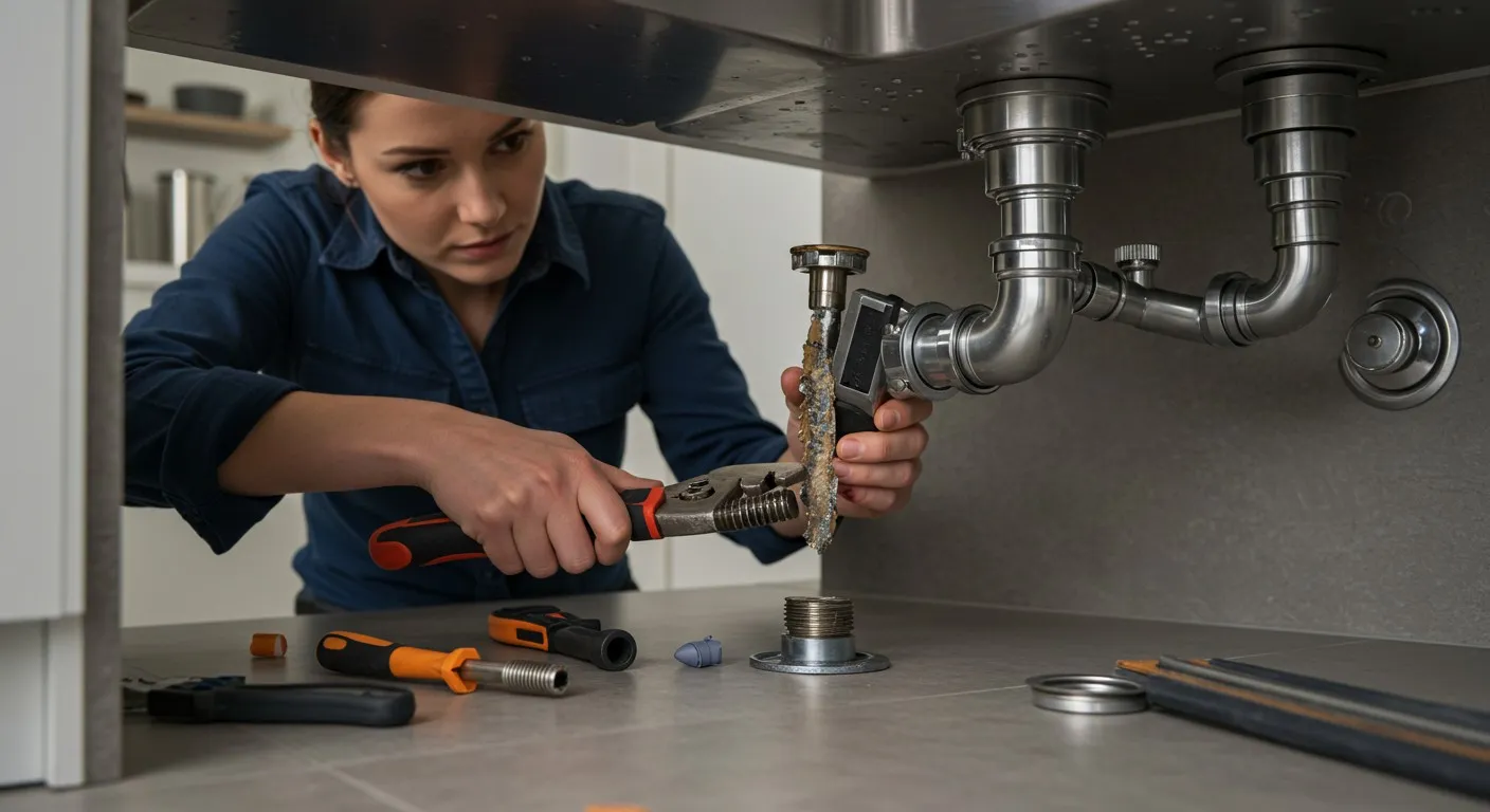 A woman plumber fixing pipes under a sink.