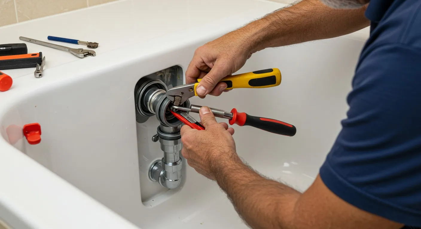 A man fixes the bathtub drain.