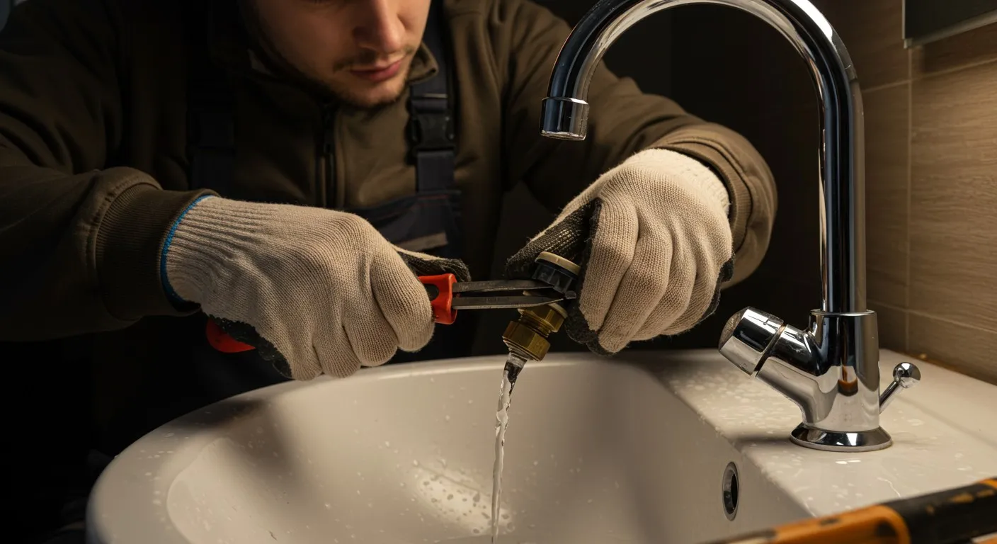 A plumber repairs a faucet over a sink.