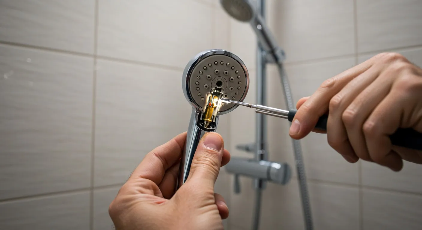 A person repairs a detachable shower head.