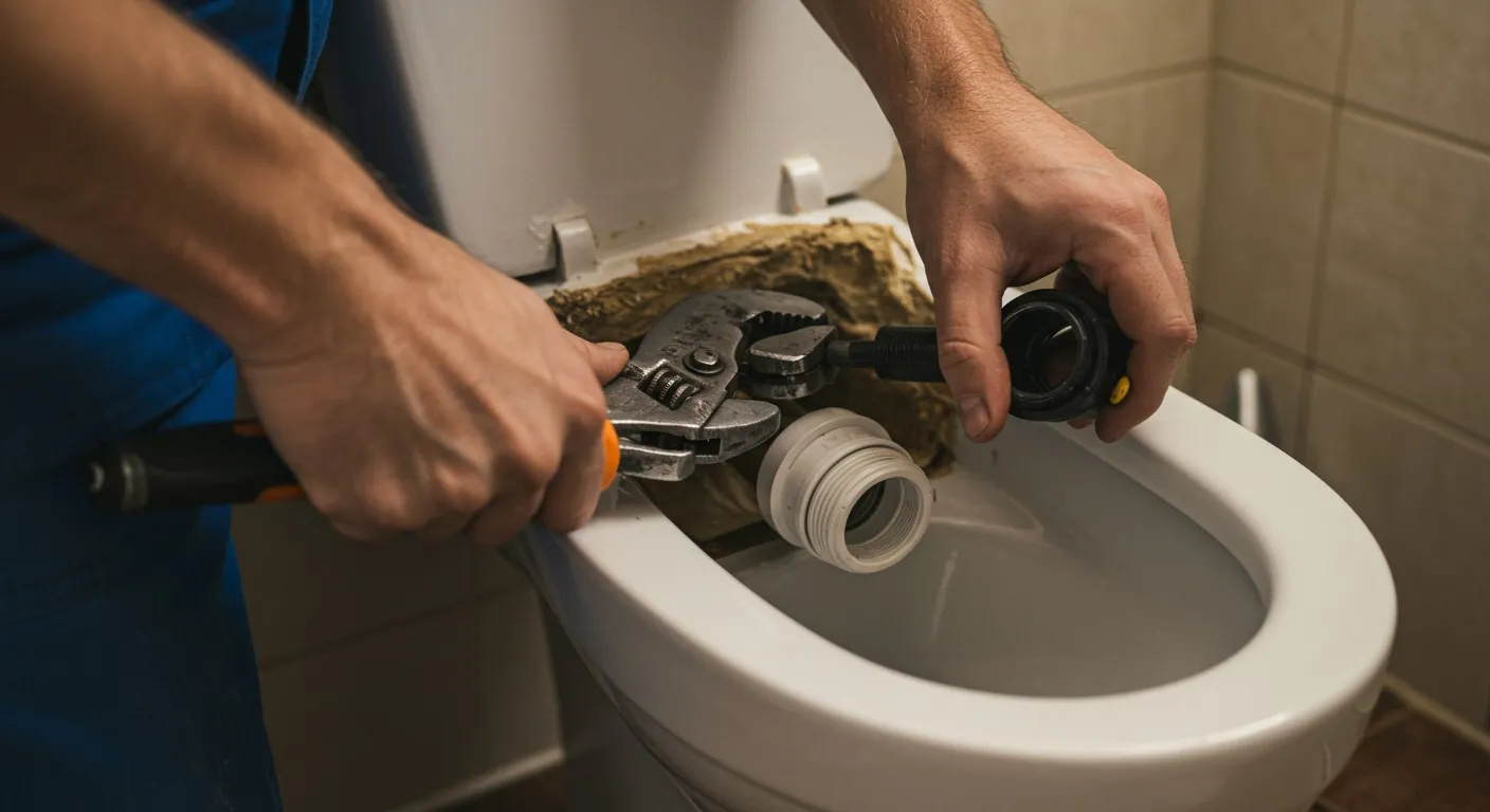 A man fixes the toilet flushing mechanism.