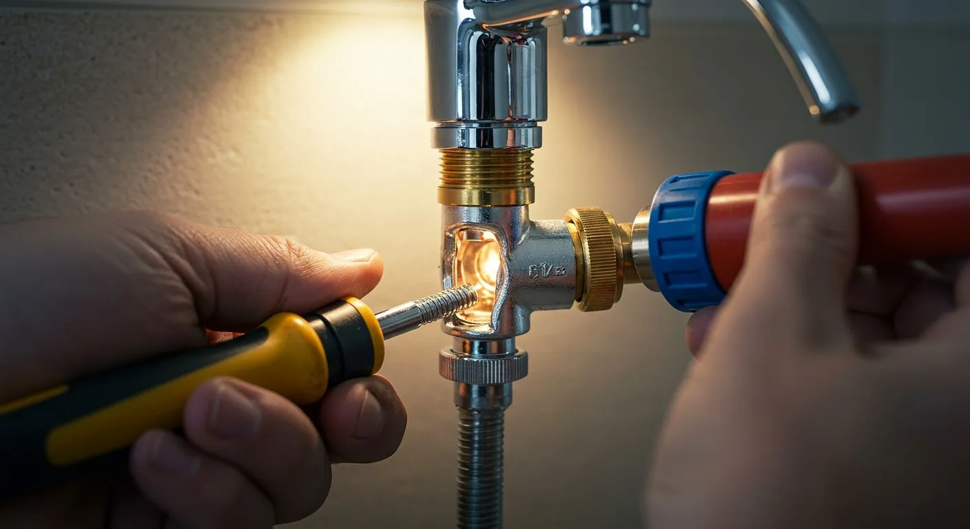 A plumber repairs a leaking pipe connection.