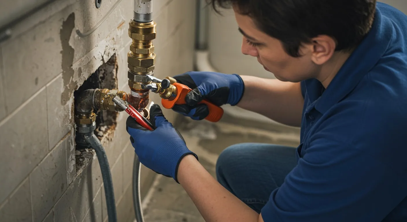 A plumber repairs a pipe inside a wall.