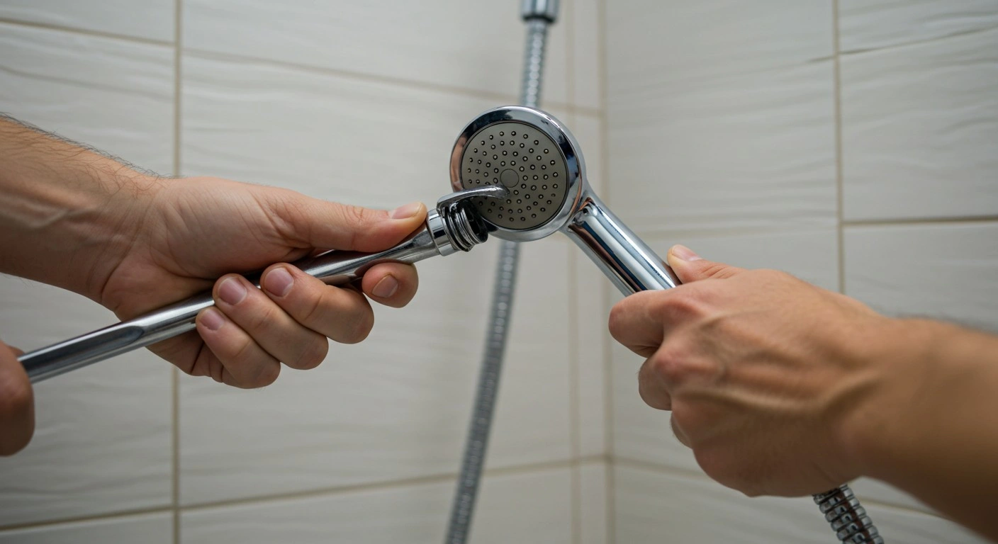 A person fixes a detachable shower head.