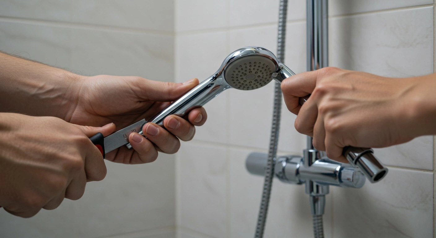 A person fixes a detachable shower head.