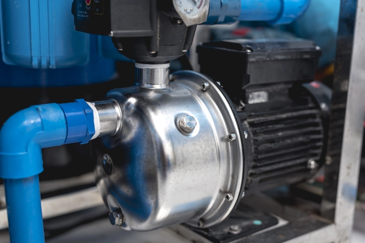 A close-up of a booster pump with a shiny, silver-toned casing and a black electric motor. A pressure gauge is visible on top of the pump's head. The pump is connected to blue PVC pipes, one of which has a pressure tank or filter attached. The entire setup is mounted on a metal frame, likely for a water-pumping system.