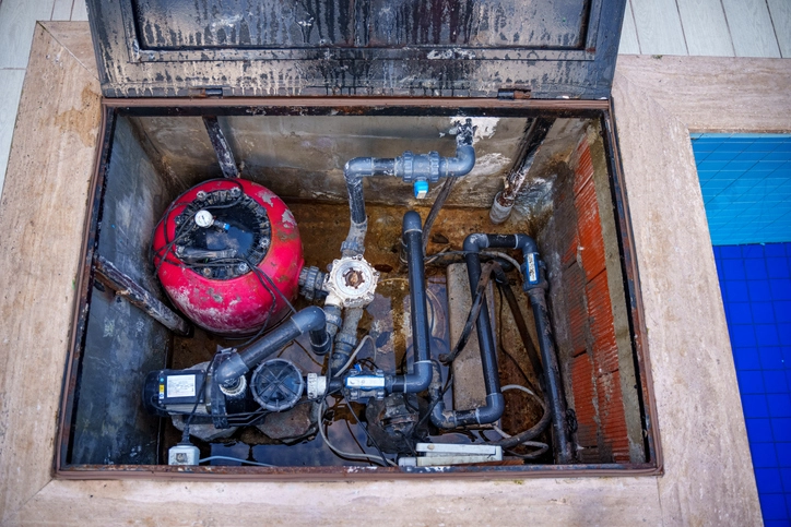 A top-down view of a complex pool pump and filtration system, housed in a grimy, concrete pit. The central components include a red spherical pressure tank and a black pool pump motor, both connected by a network of gray PVC pipes and valves. The pit's walls are stained and dirty, and there's a small amount of standing water on the floor, indicating some leakage or moisture.