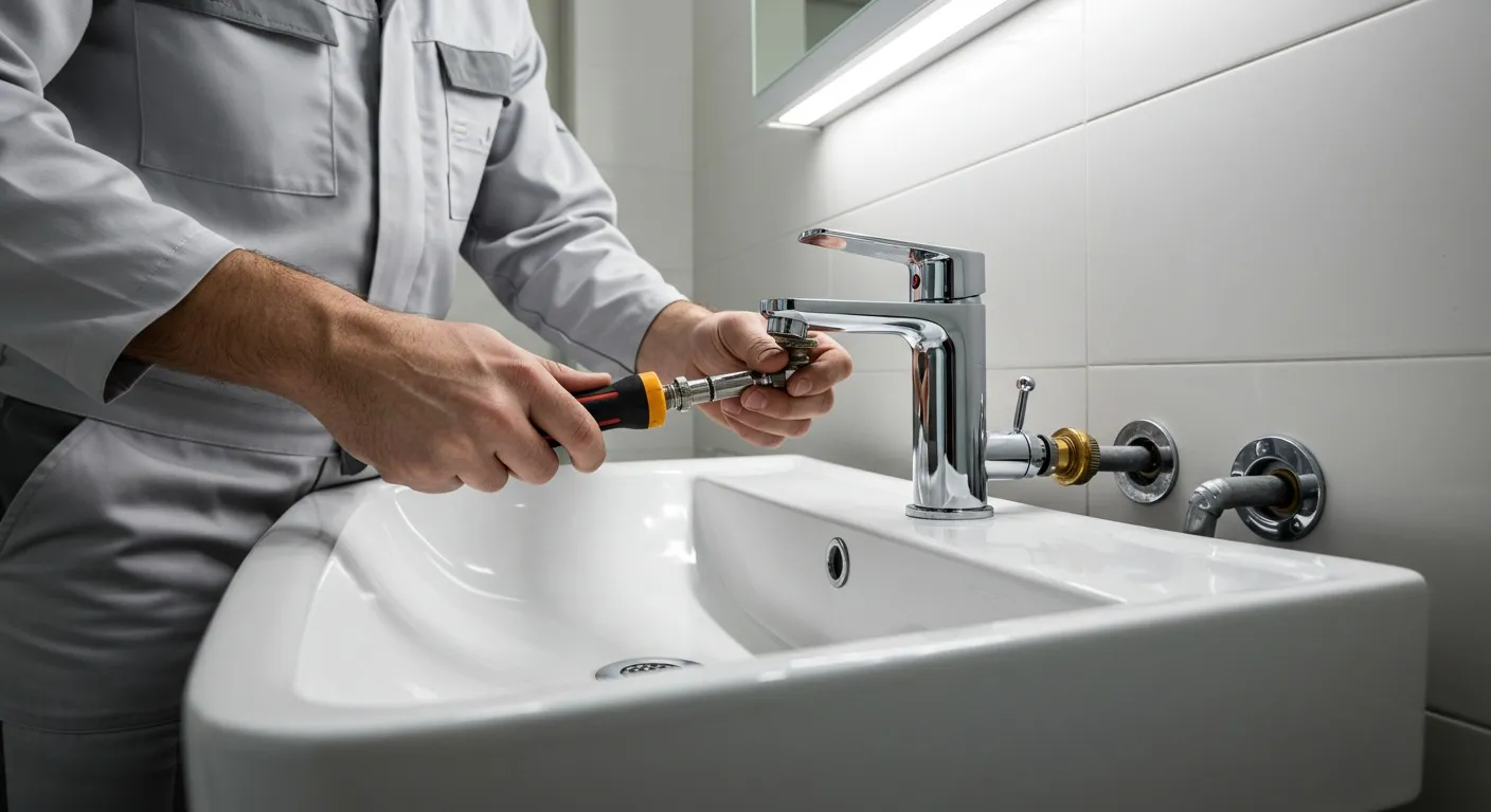 A person repairing a faucet over a sink.