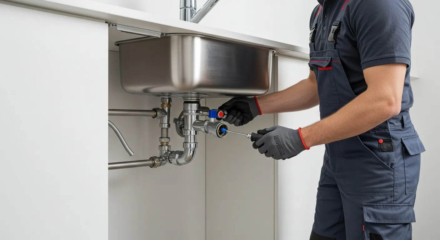 A plumber working under a kitchen sink.