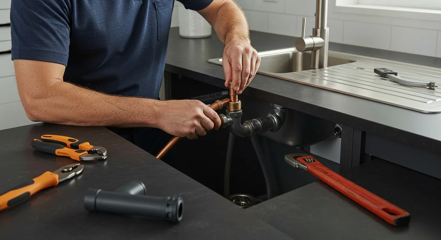 A plumber working on pipes under a kitchen sink.