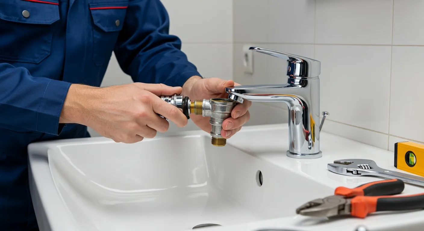 A plumber installing a faucet on a sink.