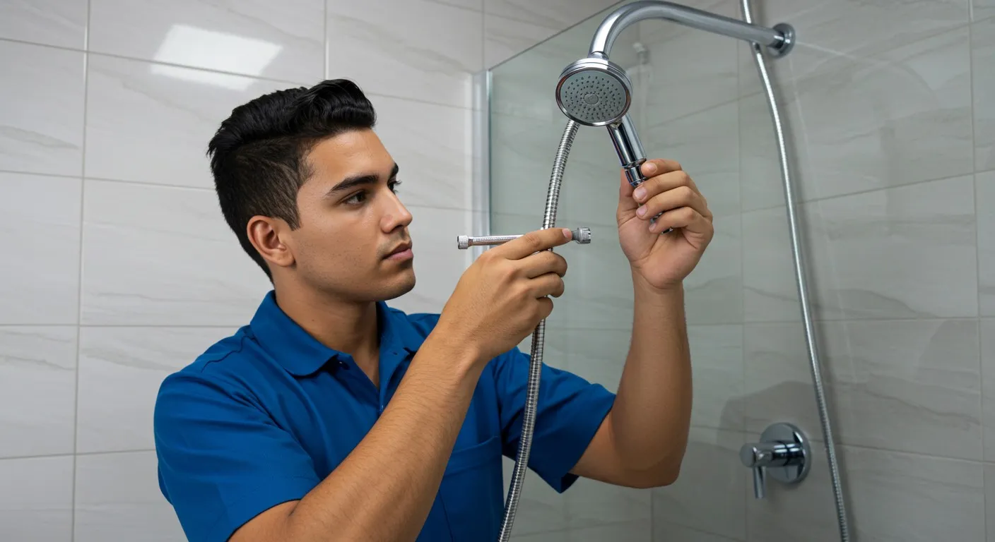 A person installing a shower head in a bathroom.