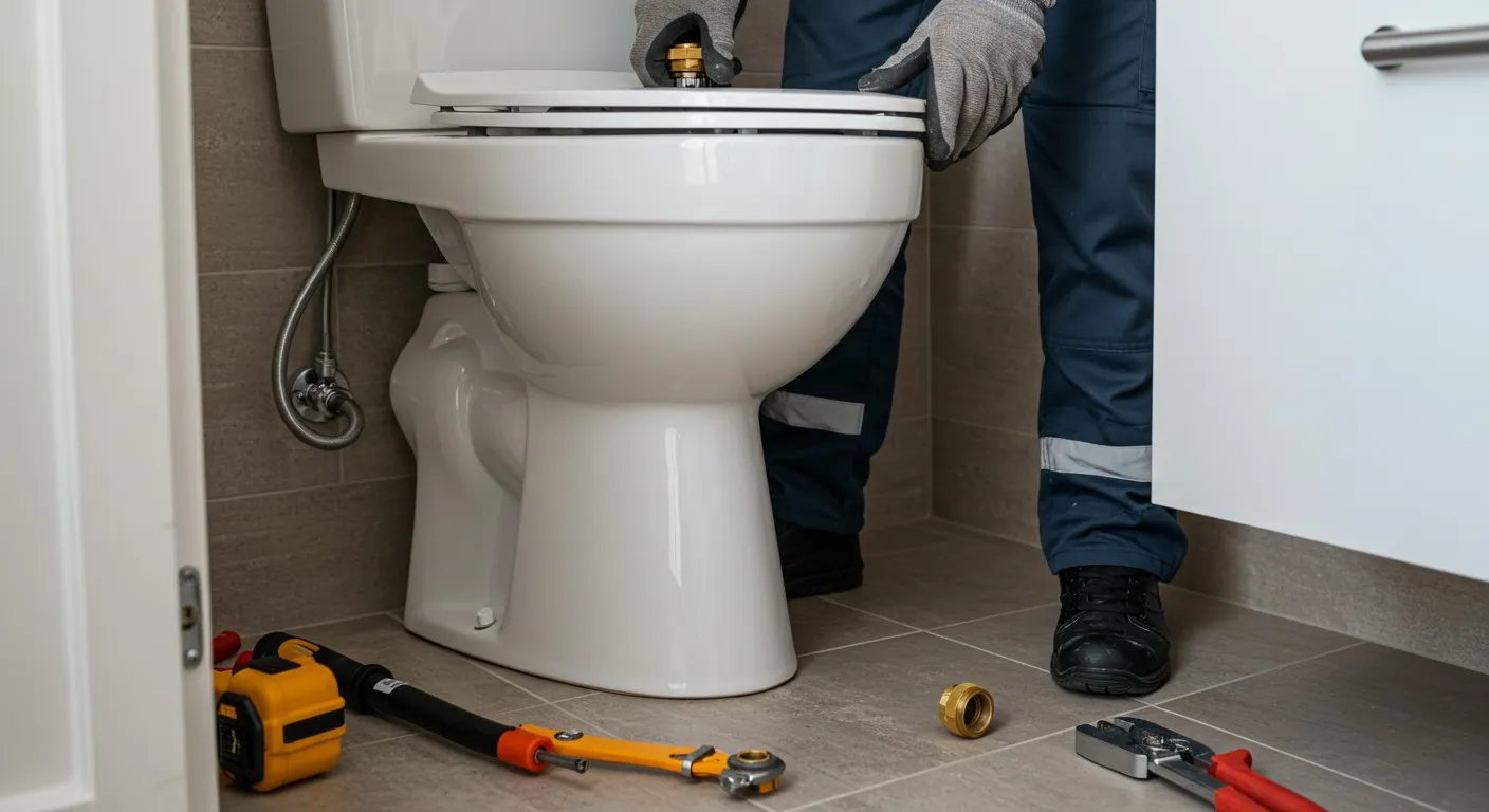 A plumber repairing a toilet in a bathroom.