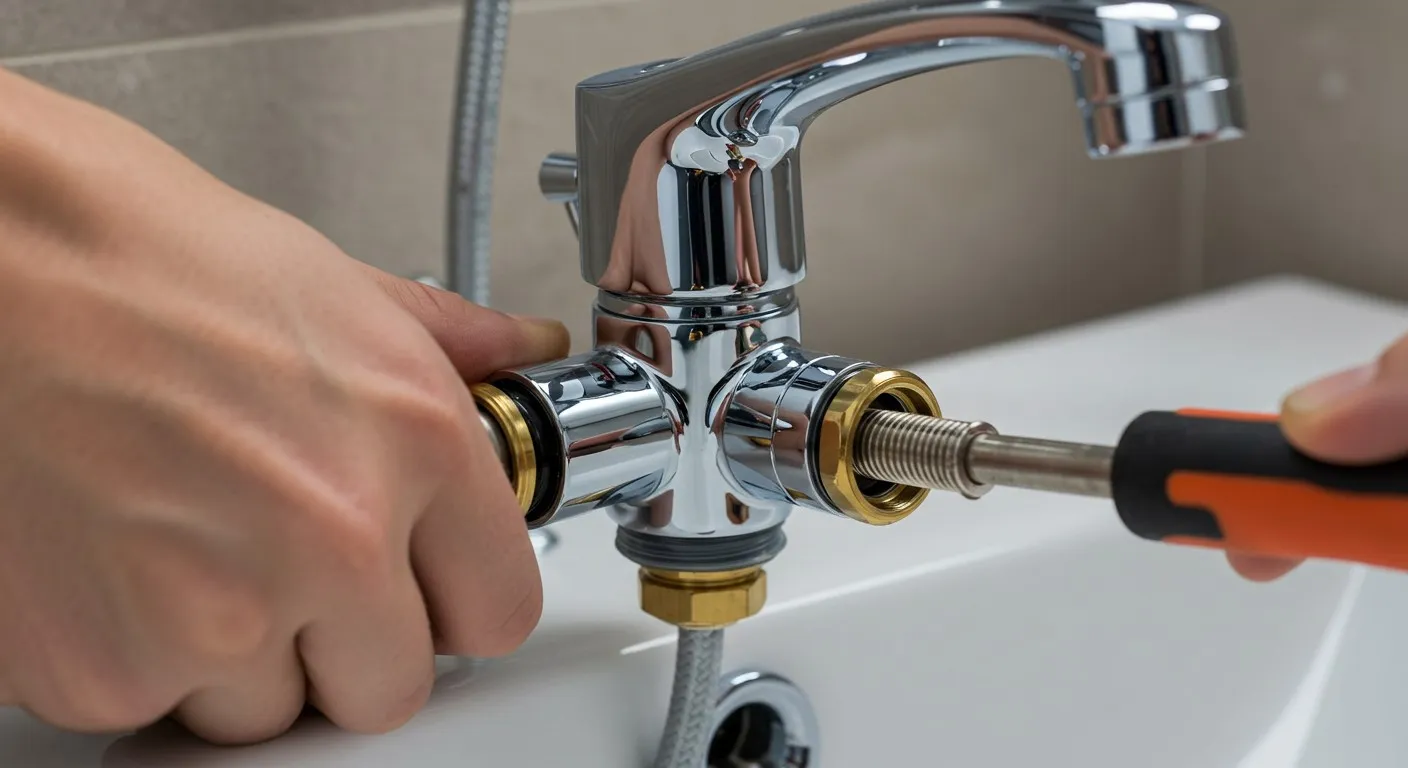 A person repairing a bathroom sink faucet.