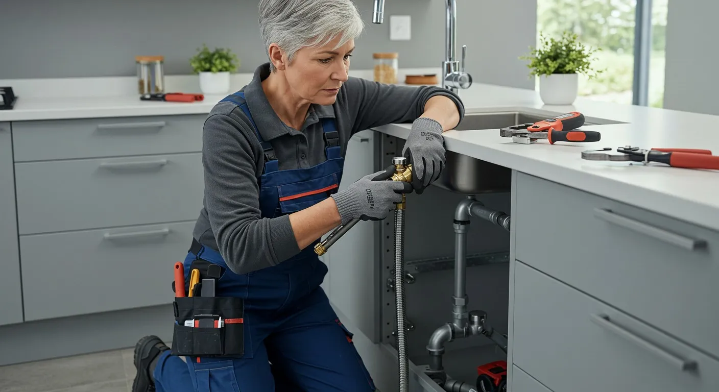 A female plumber repairing pipes under a sink.