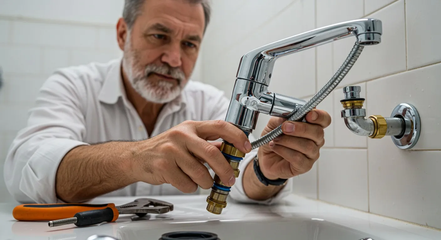 A male plumber repairing a bathroom faucet.