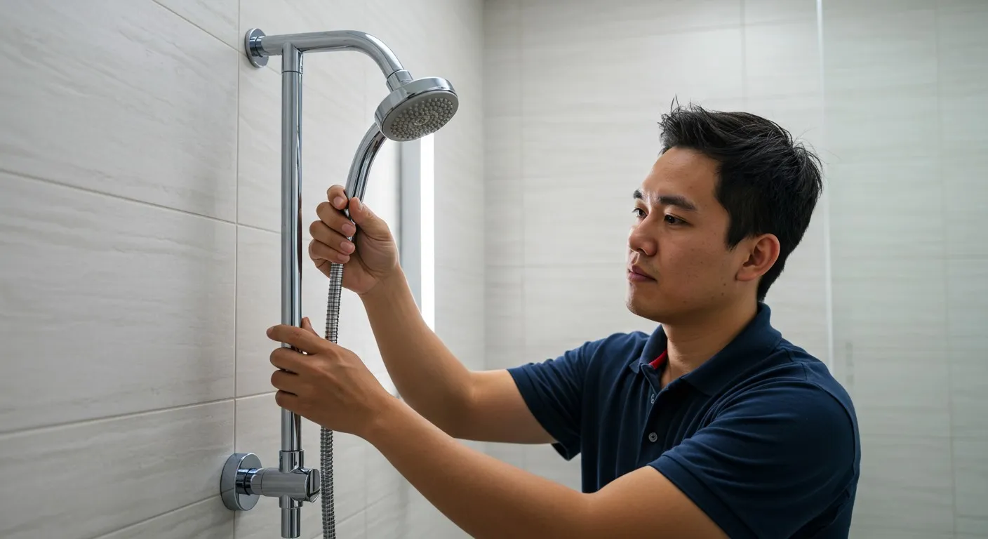 A plumber installing a shower head in a bathroom.