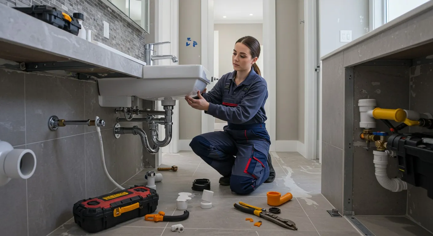 A female plumber working under a bathroom sink.