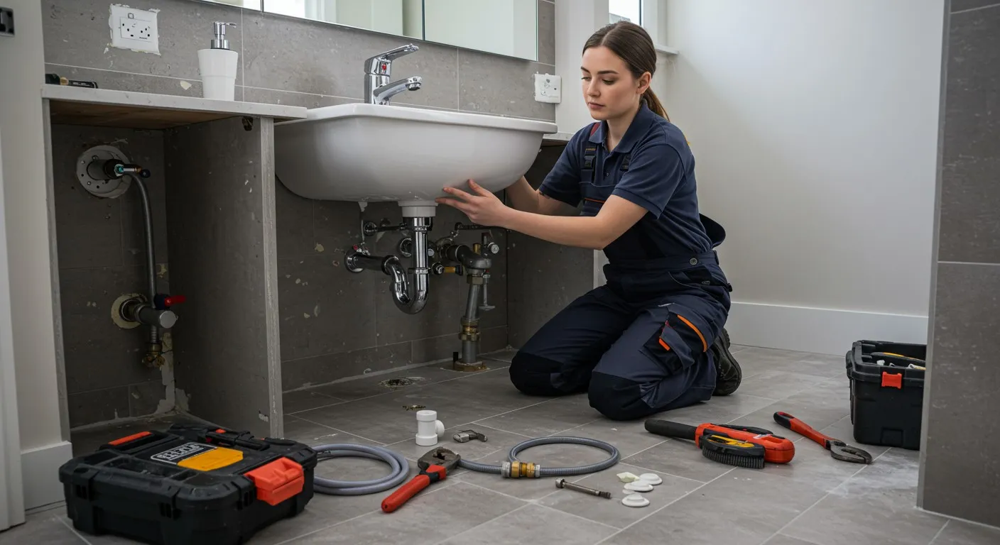 A female plumber repairing pipes under a sink.