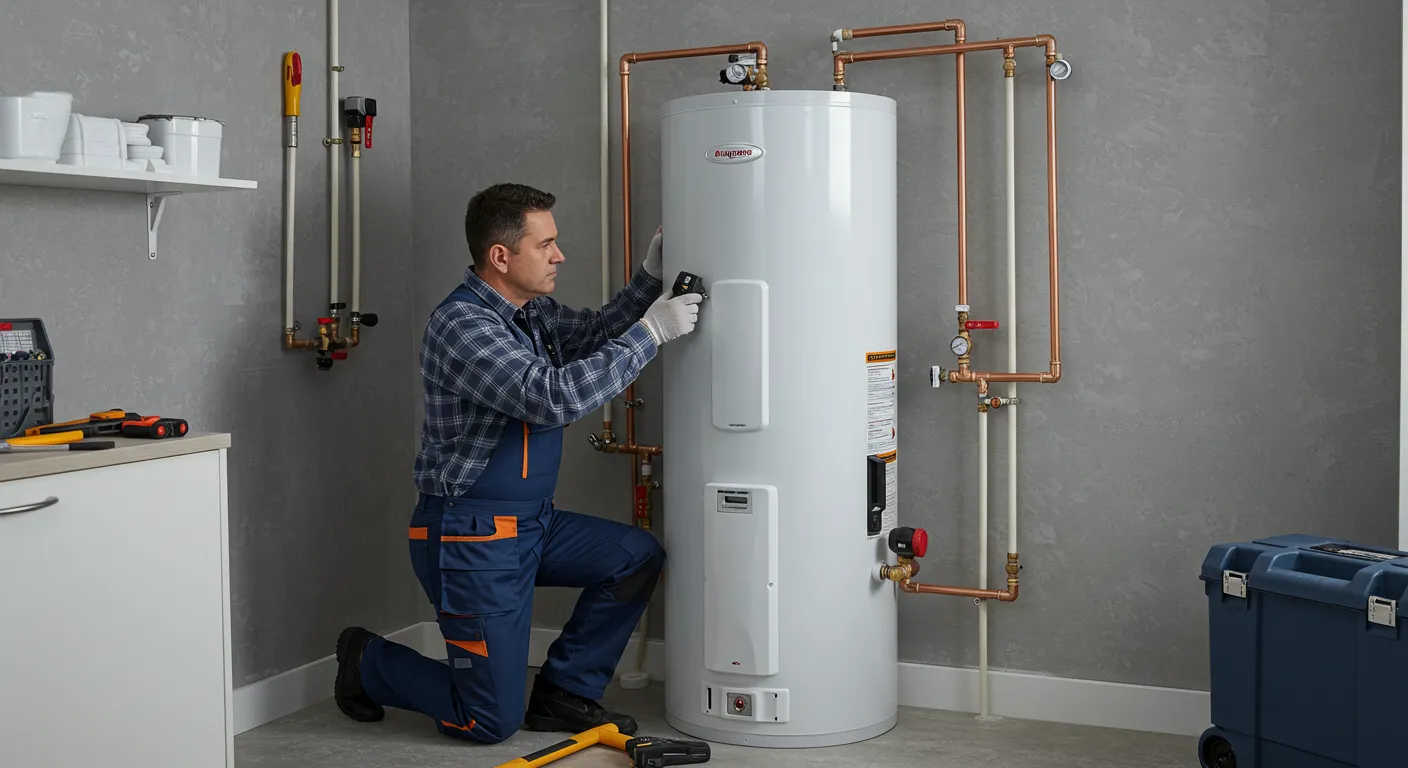 A plumber kneels and uses a tool to check a white water heater with a digital display.