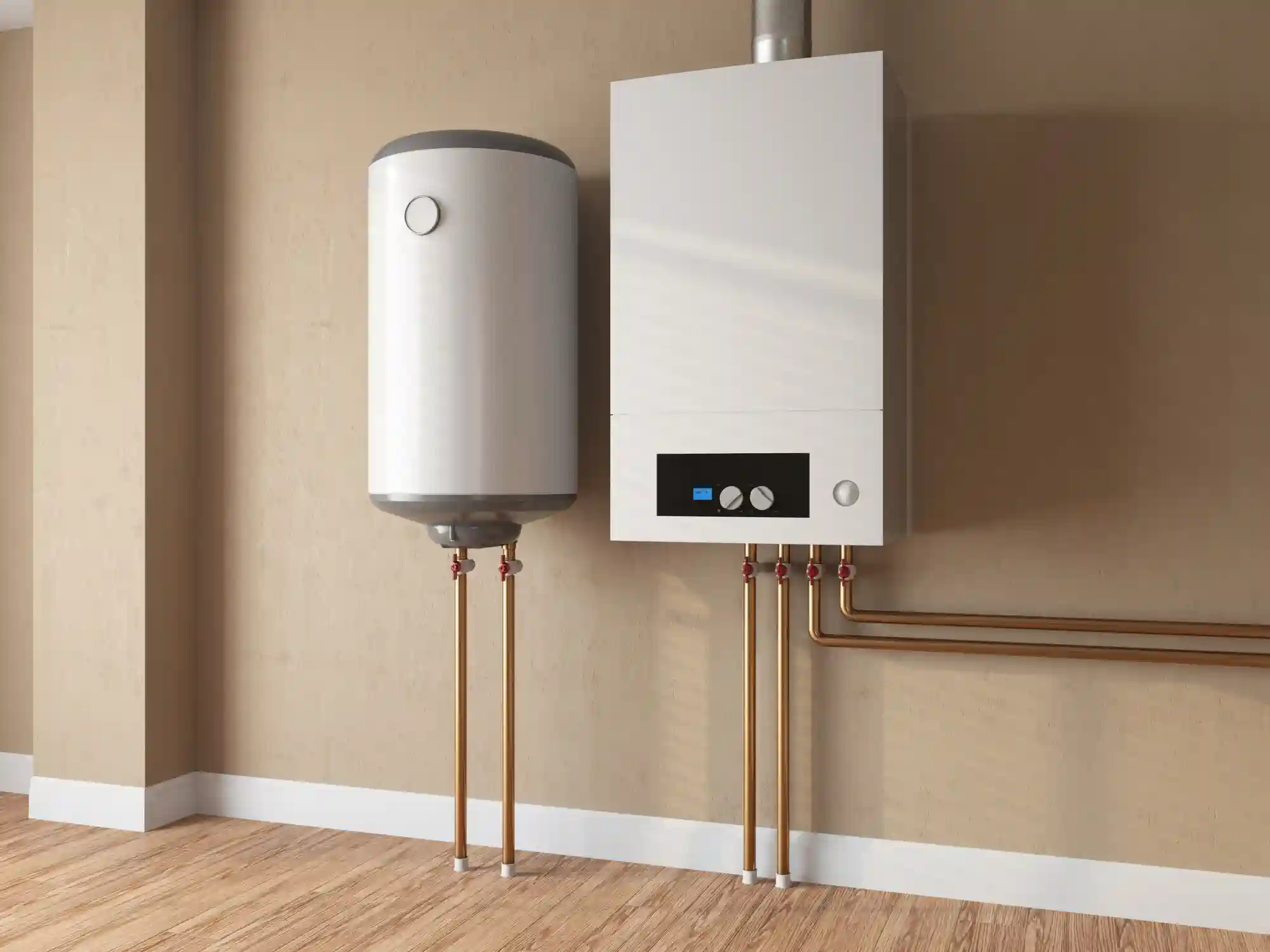 two types of water heaters side-by-side on a light brown wall with a wood floor. On the left is a traditional tank water heater, a cylindrical white tank with exposed copper pipes leading to the floor. On the right is a modern tankless water heater, a rectangular white box with a black control panel and copper pipes entering from the bottom and extending horizontally to the right.