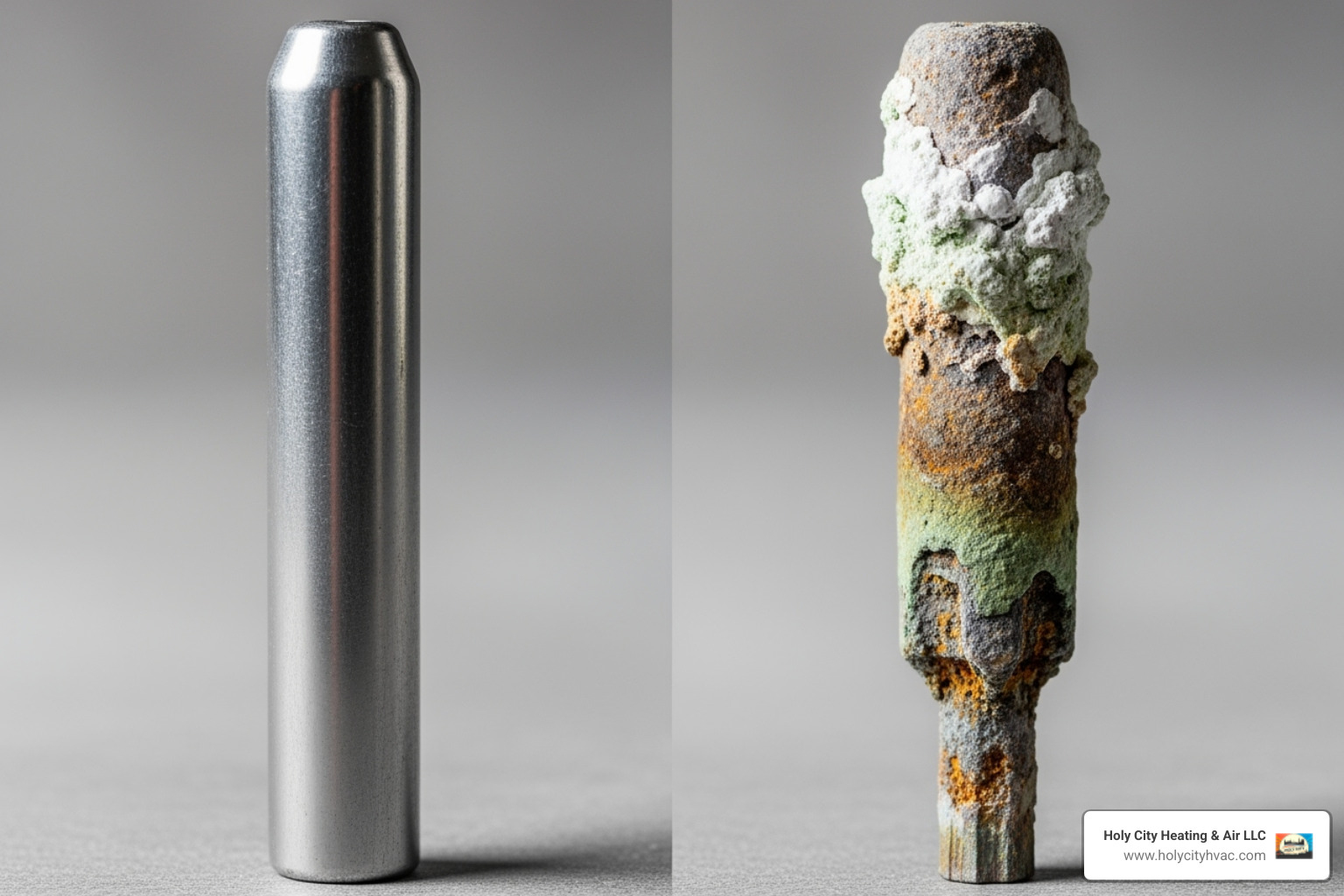 A new anode rod next to a corroded, depleted one - water heater maintenance