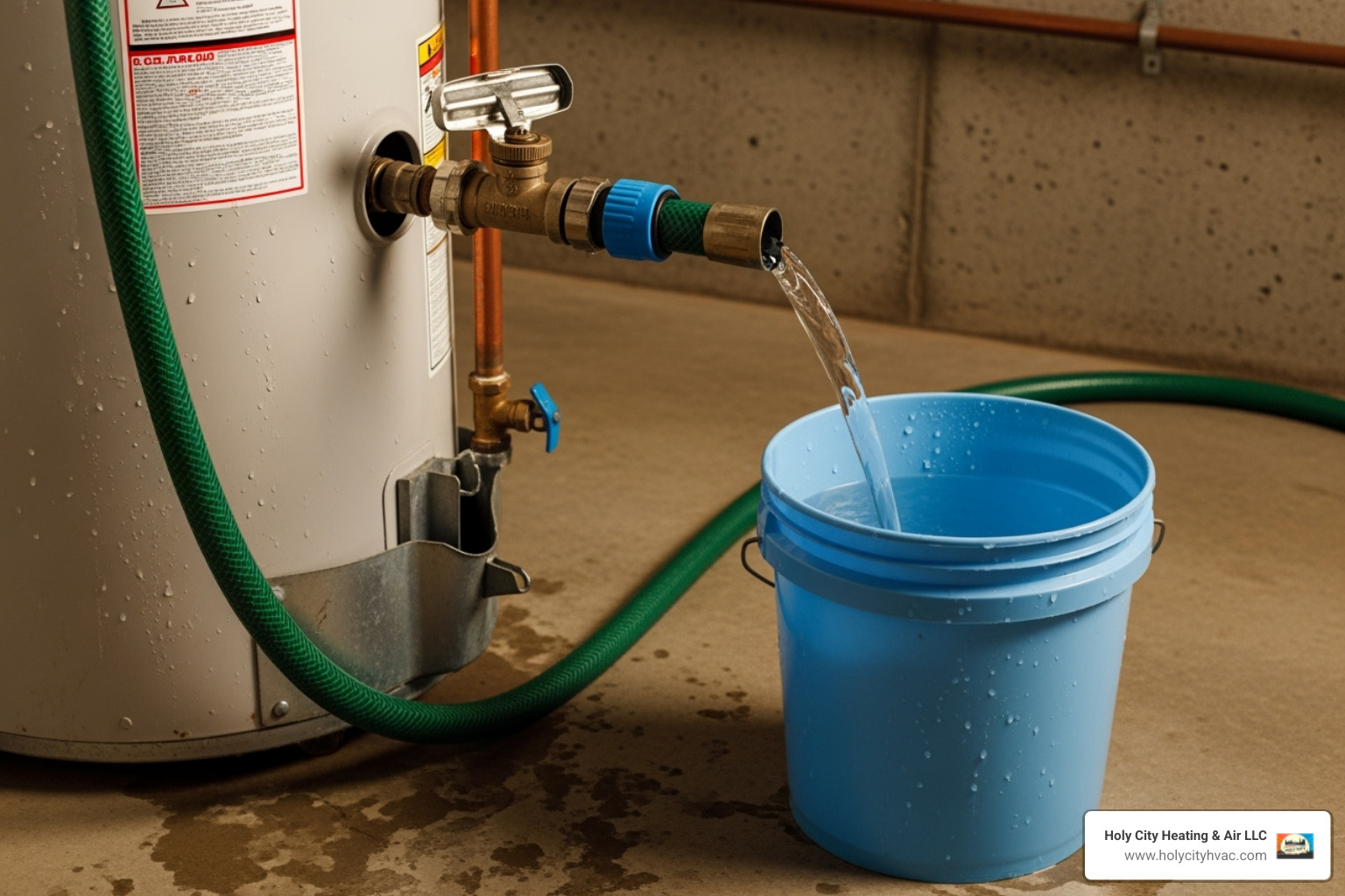 A garden hose connected to a water heater's drain valve, draining into a bucket - water heater maintenance